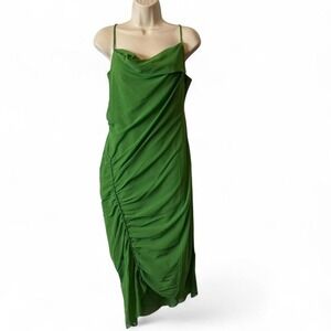 AllSaints Green Ruched Mesh Midi Slip Dress, Women's Size 8